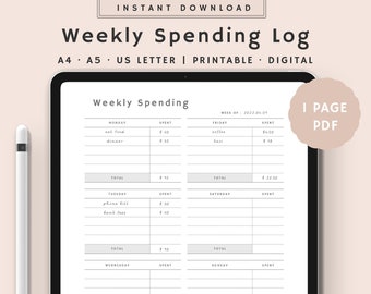 Editable Weekly Spending Log | Weekly Spending Tracker | Weekly Budget Printable | bill tracker | Instant Download | A4, A5, US Letter PDF