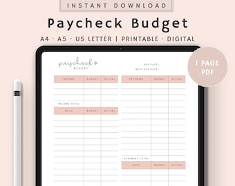 Paycheck Budget Printable | Editable Paycheck Budget | budget tracker | Financial Planner Template | Instant Download | A4,A5, US Letter PDF
