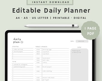 Minimalist Daily Planner Printable | Digital Daily Planner | Daily To Do List for Work/Home | iPad, Instant Download |  A4, A5, US LetterPDF