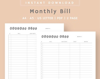 Monthly Bill Tracker Editable Printable | Money Planner | Monthly Bill Log | Digital Bill Planner | Instant Download | A4, A5, US Letter PDF