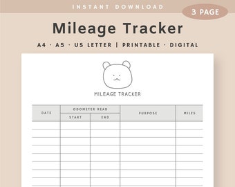 Mileage Tracker Printable, Mileage Log, Car Mileage Printable, Business Mileage, Miles Travelled Tracker, Instant Download, A5, A4,US Letter