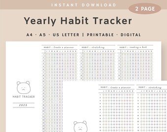 Puede incluir: Un rastreador de hábitos imprimible de dos páginas con un diseño minimalista. La parte superior de la página dice "Yearly Habit Tracker" e incluye el texto "A4 A5 US LETTER | PRINTABLE • DIGITAL". El rastreador incluye un gráfico de oso y el año 2023.