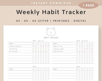 Weekly Habit Tracker Printable, Routine Tracker, Habit Tracker Template, Habit Challenge, Habit Journal, Instant Download, A4, A5, US Letter