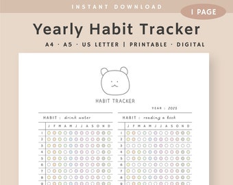 Yearly Habit Tracker on One Page Printable, Habit Tracker Template, Habit Challenge, Habit Tracker Journal, Instant Download, A5,A4,USLetter