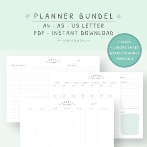 Planner Bundle  |  Daily Planner, Weekly Planner, Monthly Planner  |  Printable | Undated Planner Template | A4, A5, US Letter Size PDF