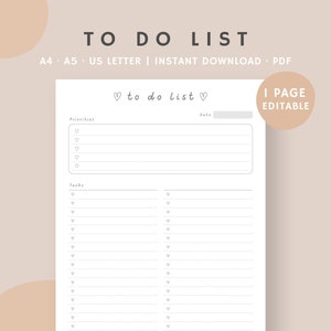 Editable To Do Lists | Printable To Do List weekly Template | Simple To Do List Planner Page | Instant Download | A4, A5, USLetter PDF
