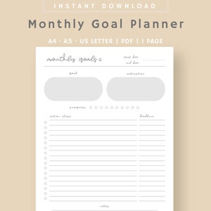 Puede incluir: Un planificador mensual de objetivos imprimible en blanco con el texto "Monthly Goal Planner" en la parte superior. El planificador incluye secciones para objetivos, motivaci&oacute;n, pasos de acci&oacute;n y plazos. Disponible en A4, A5 y US Letter.