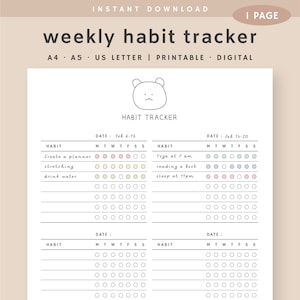 Modello settimanale per tracker di abitudini, tracker di abitudini settimanali stampabile, tracker di routine, sfida di abitudini di 7 giorni, download istantaneo, A5, A4, lettera degli Stati Uniti