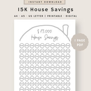 15K House Savings Tracker Printable | House Deposit Tracker | 15000 Dollar House Tracker Planner | Instant Download | A4, A5, US Letter PDF