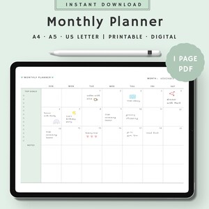 Può includere: Planner mensile digitale dal design minimalista. Il planner include un layout del calendario con spazio per note e obiettivi principali. Il testo "Monthly Planner" è in alto, con "Instant Download" sopra. Disponibile in A4, A5 e US Letter.