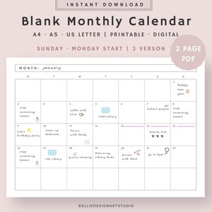 Minimalist Blank Monthly Calendar | Digital Monthly Planner | Minimal Monthly Calendar Printable | Instant Download | A4, A5, US Letter PDF