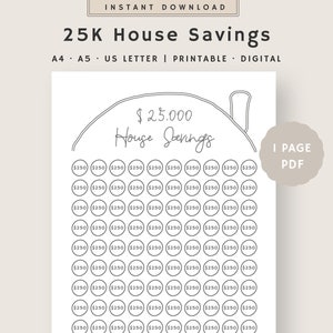 25K House Savings Tracker Printable | House Deposit Tracker | 25000 Dollar House Tracker Planner | Instant Download | A4, A5, US Letter PDF