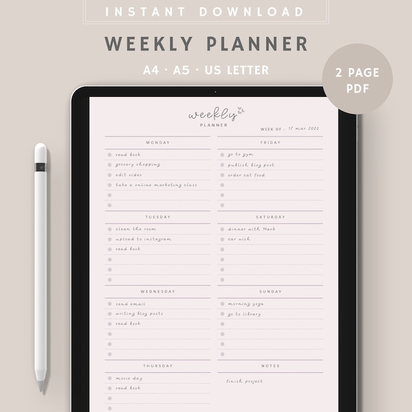 Weekly To Do Lists Printable | Weekly Checklist | Simple To Do List Template | ipad & Goodnotes | Instant Download | A4, A5, US Letter PDF