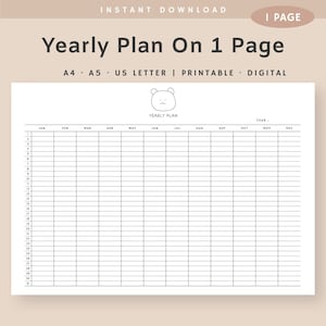 Year Planner on 1 Page, Year At a Glance, Year Tracker, Year At a Glance, Year Calendar Printable, Instant Download, A4, A5, US Letter PDF