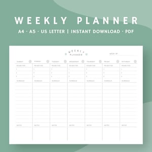 Horizontaler Wochenplaner printable | Wochen organizer | Undatierte Planervorlage | Sofortiger Download | GoodNote Vorlage | A4,A5,USLetterPDF