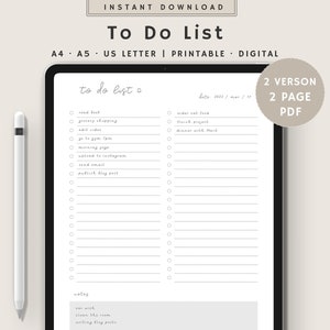 Puede incluir: Una lista de tareas digital que se muestra en una tableta. La lista incluye secciones para tareas y notas, con el texto "To Do List" en la parte superior. El diseño es minimalista, con un diseño limpio y una paleta de colores neutros. El texto "Instant Download" está en la parte superior.