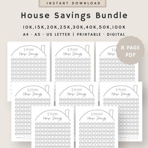 House savings challenge Tracker bundle | 10K,15K,20K,25K,30K,40K,50K,100K House Deposit Tracker | House Planner | A4, A5, US Letter PDF