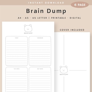 Puede incluir: Un planificador digital imprimible con el texto "Brain Dump" y una ilustración de oso. Incluye secciones para la planificación diaria y semanal, como "Hoy", "Mañana", "Esta semana" y "La semana que viene". Diseño minimalista.
