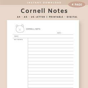 Szablon notatek Cornell do wydrukowania, robienie notatek przez studentów, szablon notatek na iPada, robienie notatek z wykładów, natychmiastowe pobieranie, A4, A5, US Letter PDF