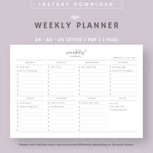 Puede incluir: Un planificador semanal imprimible con un diseño minimalista. El planificador incluye secciones para cada día de la semana, con espacio para notas y tareas. El texto "WEEKLY PLANNER" está en la parte superior. Descarga instantánea.