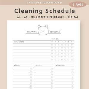 Cleaning Schedule Printable, Cleaning Checklist, Weekly Cleaning Schedule, Cleaning Planner, House Chore, Instant Download, A5, A4,US Letter