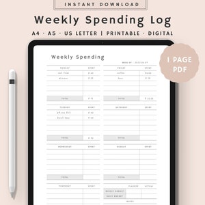 Editable Weekly Spending Log | Weekly Spending Tracker | Weekly Budget Printable | bill tracker | Instant Download | A4, A5, US Letter PDF