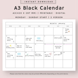 Blank Monthly Calendar(Sunday/Monday-Start) | Blank Calendar Page | Monthly Calendar Printable | Instant Download | A3 11.7x16.5 inches PDF