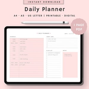 Daily Planner Printable, Daily To Do List, Digital Daily Schedule, Productivity Planner, iPad, Instant Download, A4, A5, US Letter Size PDF