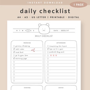 Daily Checklist Printable, Task Schedule, Daily To Do List Template, Daily Routine Planner, Inserts, Instant Download, A4, A5, US Letter PDF