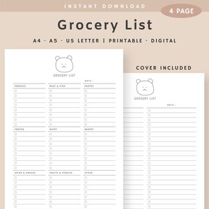 May include: A printable grocery list with a minimalist design. The list includes sections for produce, meat & fish, pantry, frozen, dairy, bakery, drink & snacks, fruits & veggies, and other. The text "Grocery List" and "Instant Download" are visible.