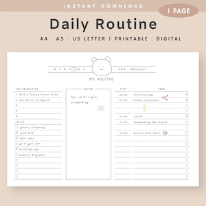 Daily Routine Planner Printable, Daily Planner Template, Digital Daily Planner, Daily Routine Tracker, Instant Download, A4, A5, US Letter