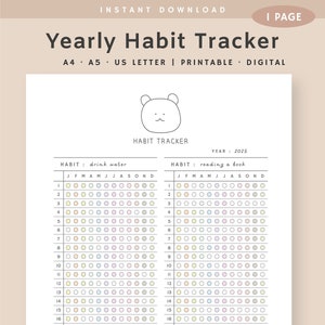 Yearly Habit Tracker on One Page Printable, Habit Tracker Template, Habit Challenge, Habit Tracker Journal, Instant Download, A5,A4,USLetter