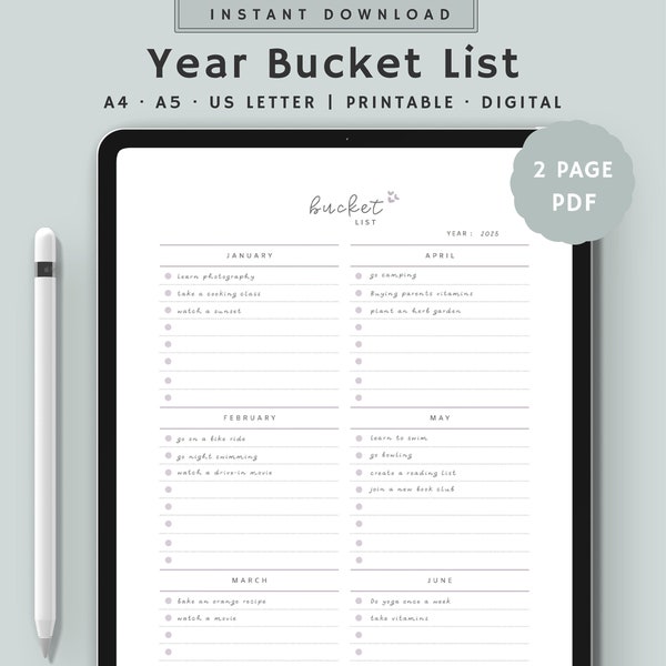 Digital Bucket List, Ipad and Goodnotes, Bucket List Template, Life Goals Planner, To Do List Plan, Instant Download, A4, A5, US Letter