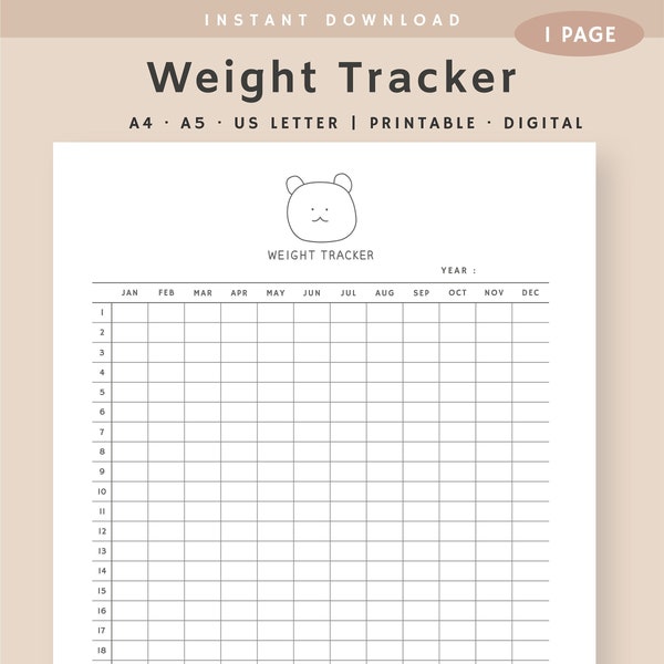 365 Day Weight Tracker Printable, Weight Loss Journal, Daily Weight Tracker, Daily Fitness Tracker, Instant Download, A5, A4, US Letter PDF
