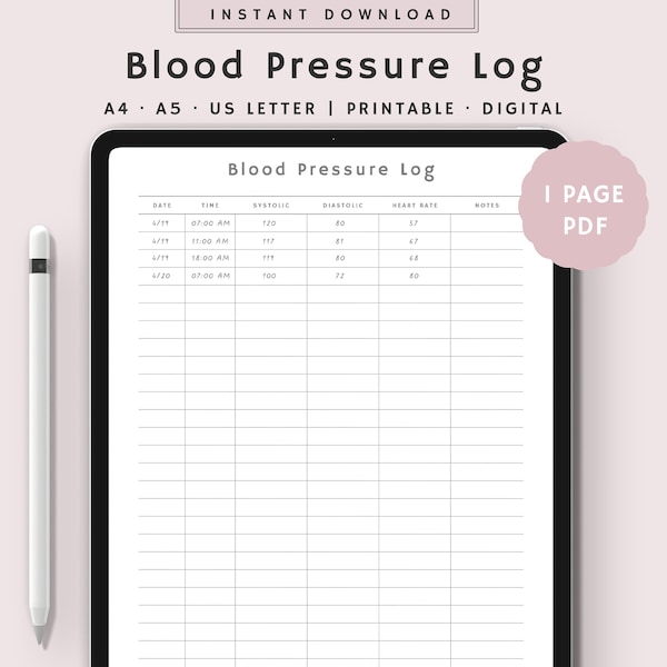 Blutdruck-Tagebuch bearbeitbar druckbare | BP Tracker | Blutdruck-Tracker | Ratenverfolgung | Sofort Download | A4, A5, US Letter PDF
