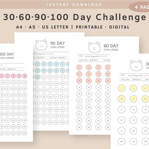 Paquete de desafío de 30-60-90-100 días imprimible, establecimiento de objetivos, formación de hábitos, plantilla de seguimiento de objetivos de 30 días, descarga instantánea, A4, A5, carta de EE. UU.