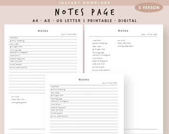 Notes Pages printable | Vorlesungsnotizen | Notizen PlanerEinlage | Studiennotiz vorlage | Blanko Notizen | Sofortiger Download | A4, A5, US Letter PDF