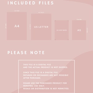 May include: A digital file graphic with the text "INCLUDED FILES" and "PLEASE NOTE". The image shows the dimensions of A4, US Letter, A5 Crop Mark, and A5 paper sizes. The text states the file is digital and not shipped.