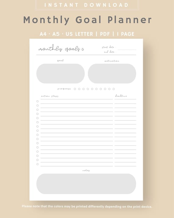 Monthly Goal Planner Printable Template | Goal Planner Insert | Goal Progress Tracker | Goal Planning | Instant Download | A4,A5,USLetterPDF