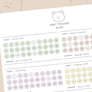 May include: A printable habit tracker with a cute bear illustration at the top. The tracker includes spaces to mark daily progress for 30 days, with prompts for habits like drinking water, stretching, and reading. Rewards are listed below each habit.