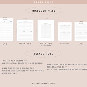 May include: Digital planner files labeled "Brain Dump" in A4, US Letter, and A5 sizes. The image shows the included files with dimensions in inches and millimeters. Text on the image states the file is digital and for personal use only.