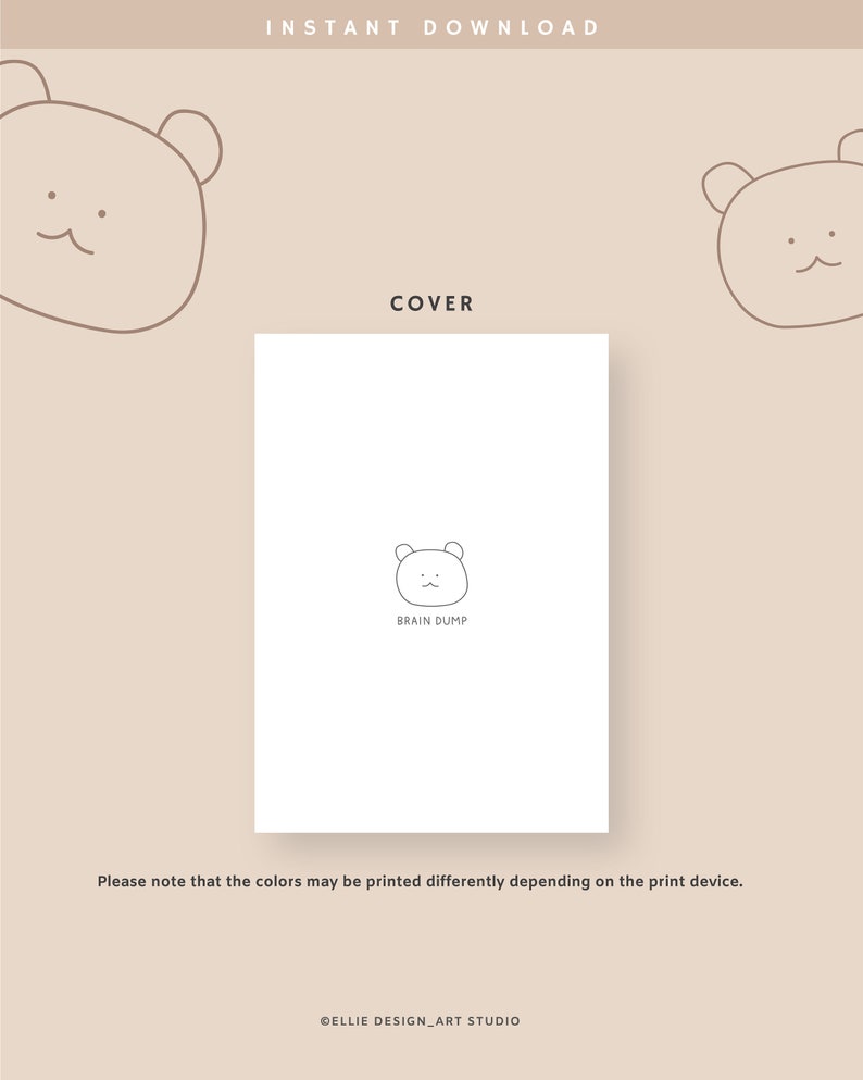 May include: A digital download cover design with a minimalist bear illustration. The cover is white with the text "BRAIN DUMP" and is surrounded by a light brown background. The words "INSTANT DOWNLOAD" and "COVER" are also visible.