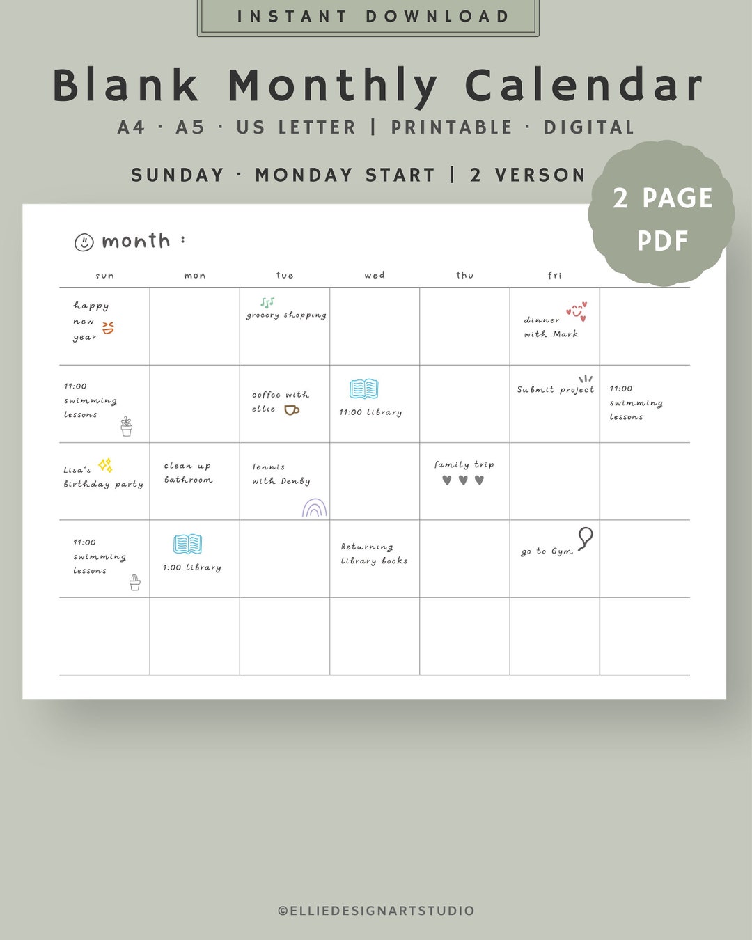 Blank Monthly Calendar | Printable Calendar | Minimalist Calendar ...