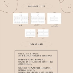 May include: Digital download file with calendar templates in A4, US Letter, and A5 sizes. Includes crop marks. The text reads "Instant Download" and "Included Files". The color scheme is beige and white.