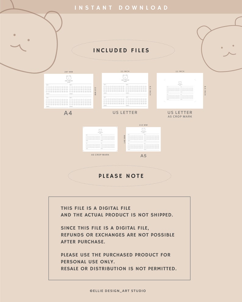 May include: Digital download file with calendar templates in A4, US Letter, and A5 sizes. Includes crop marks. The text reads "Instant Download" and "Included Files". The color scheme is beige and white.