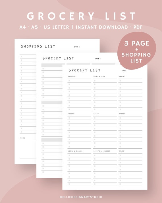 Grocery List Printable | Grocery Checklist | Shopping List | Grocery Template | Category Grocery List | Instant Download |A4,A5,US LetterPDF