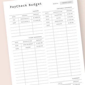 Puede incluir: Un planificador de presupuesto PayCheck blanco con secciones para ingresos, gastos fijos y gastos variables. El planificador incluye una secci&oacute;n de resumen con totales de ingresos, gastos fijos, gastos variables y saldo. El mes es marzo de 2022.