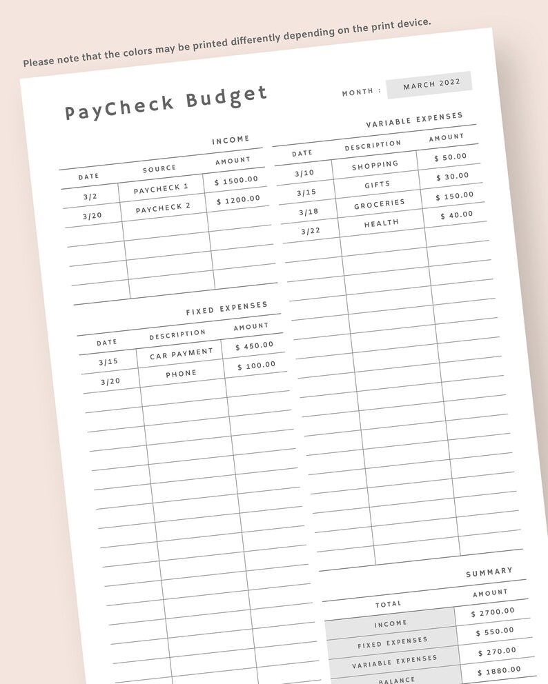 Puede incluir: Un planificador de presupuesto PayCheck blanco con secciones para ingresos, gastos fijos y gastos variables. El planificador incluye una secci&oacute;n de resumen con totales de ingresos, gastos fijos, gastos variables y saldo. El mes es marzo de 2022.