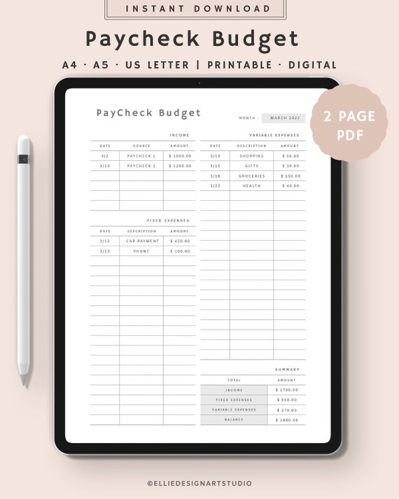 Paycheck Budget Planner Printable Monthly Budget Digital | Etsy