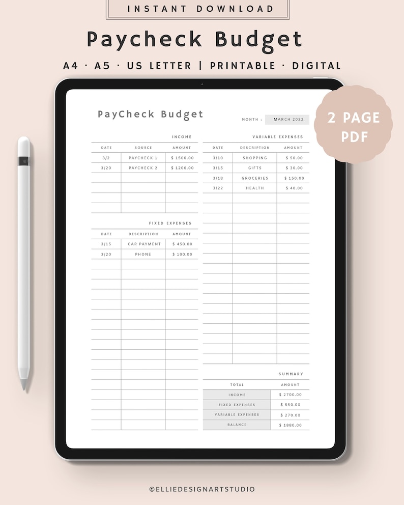 Puede incluir: Una plantilla digital de presupuesto de n&oacute;mina que se muestra en una tableta. La plantilla incluye secciones para ingresos, gastos fijos y gastos variables. El texto de la imagen incluye "Descarga instant&aacute;nea", "A4, A5, US Letter, Imprimible, Digital" y "PDF de 2 p&aacute;ginas".